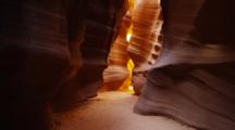 Antelope Canyon, Sandstone Slot Canyon. Shot Pans Up In Last 1/4 Of Clip.