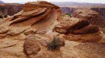 Horseshoe Bend, Arizona, Mesa And Colorado River. Pan From Left To Right. Sandstone Rock Formations.