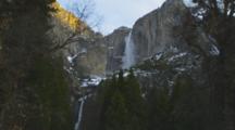 Yosemite Falls In Winter At Sunset.