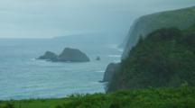 Pololu Valley Lookout, Steep Cliffs, Misty Shores, Tropical Forests And Wild Blue Ocean. Kohala Coast, Hawaii