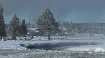 Snowy Pines And Steamy River