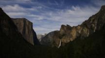 Yosemite Valley And Bridalveil Fall As Seen From The Tunnel View. El Capitan, Half Dome And Sentinal Rocks Are The Large Granite Monoliths.
