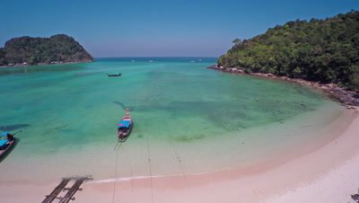 Flying over Lana bay on Phi-Phi Don island, Krabi Province, Thailand, 4k