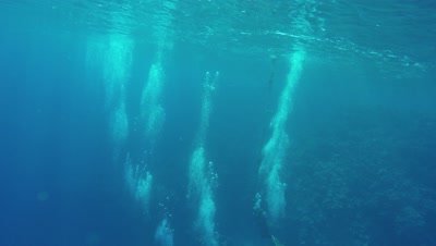 divers under water bubbles releasing, 4k