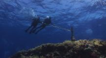 Scuba Divers Make Fun At Safety Stop Over Coral Reef In Strong Current