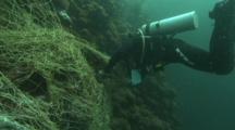Diver Works To Remove Fishing Net From Reef