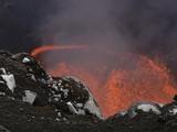 Lava Splattering Inside Crater, Viewed Over Lip, Cam Shakes, Zoom In Full Screen Lava And Steam