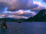 Ws Mountains, Some Snow, Water F/G. Pan L To Fishing Boats On Harbour. Pink-Tinged Clouds.
