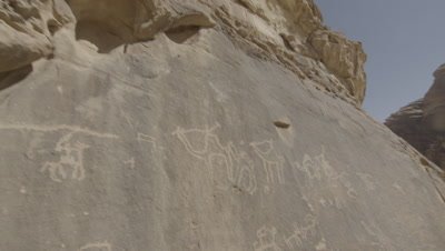 Petroglyphs,carvings in the rock show man using camels while hunting