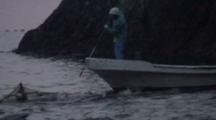 Fisherman On Boat Sticks Dolphin With Spear