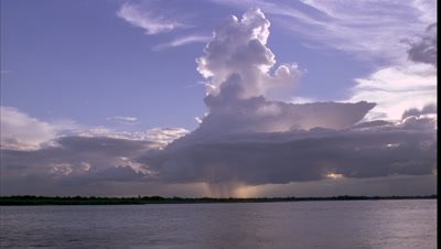 Wide angle wide river with big sky and dramatic rain clouds dropping showers on far bank, debris floats down river