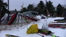 American Birkebeiner, Pan Across Skis Laying In Snow, Waiting For Start Of Race