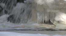 Waterfall Behind Sunlit Icicles, Mouth Of Icy Cascade River, Shore Of Lake Superior