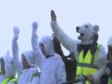 Protestors On Large Vehicle - Dressed As Polar Bears. Open Cast Mine. Wales
