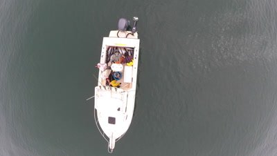 Aerial shot of an Albacore Tuna fishing sport boat with dead fish in the boat 